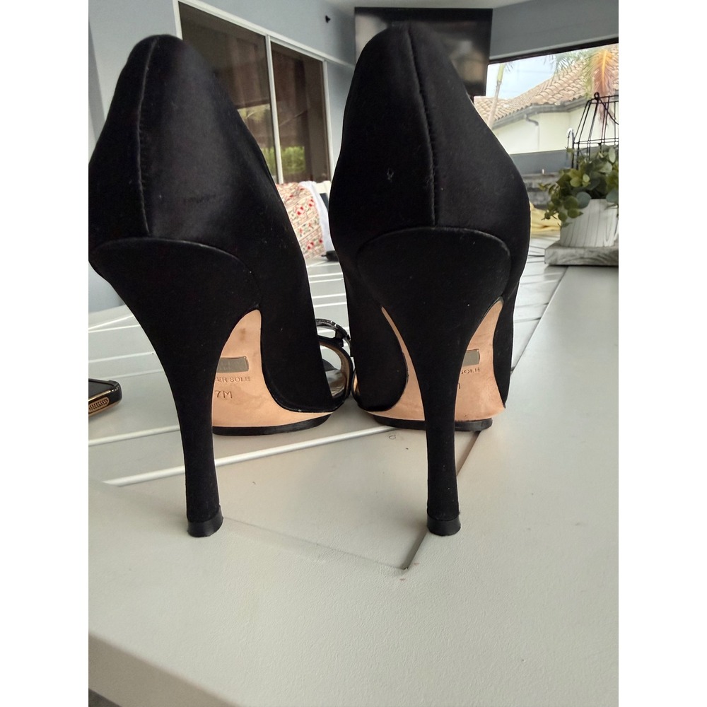 Badgley Mischka Black Satin Crystal Embellished Open Toe Pumps Heels Womens 7M - Picture 5 of 10